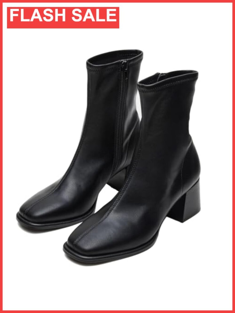 Square Toe Ankle Booties Chunky Block Heel Side Zip Faux Leather